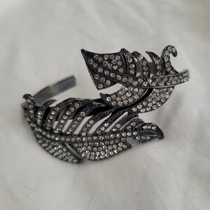 Rhinestone Feather Leaf Gunmetal Cuff Bracelet